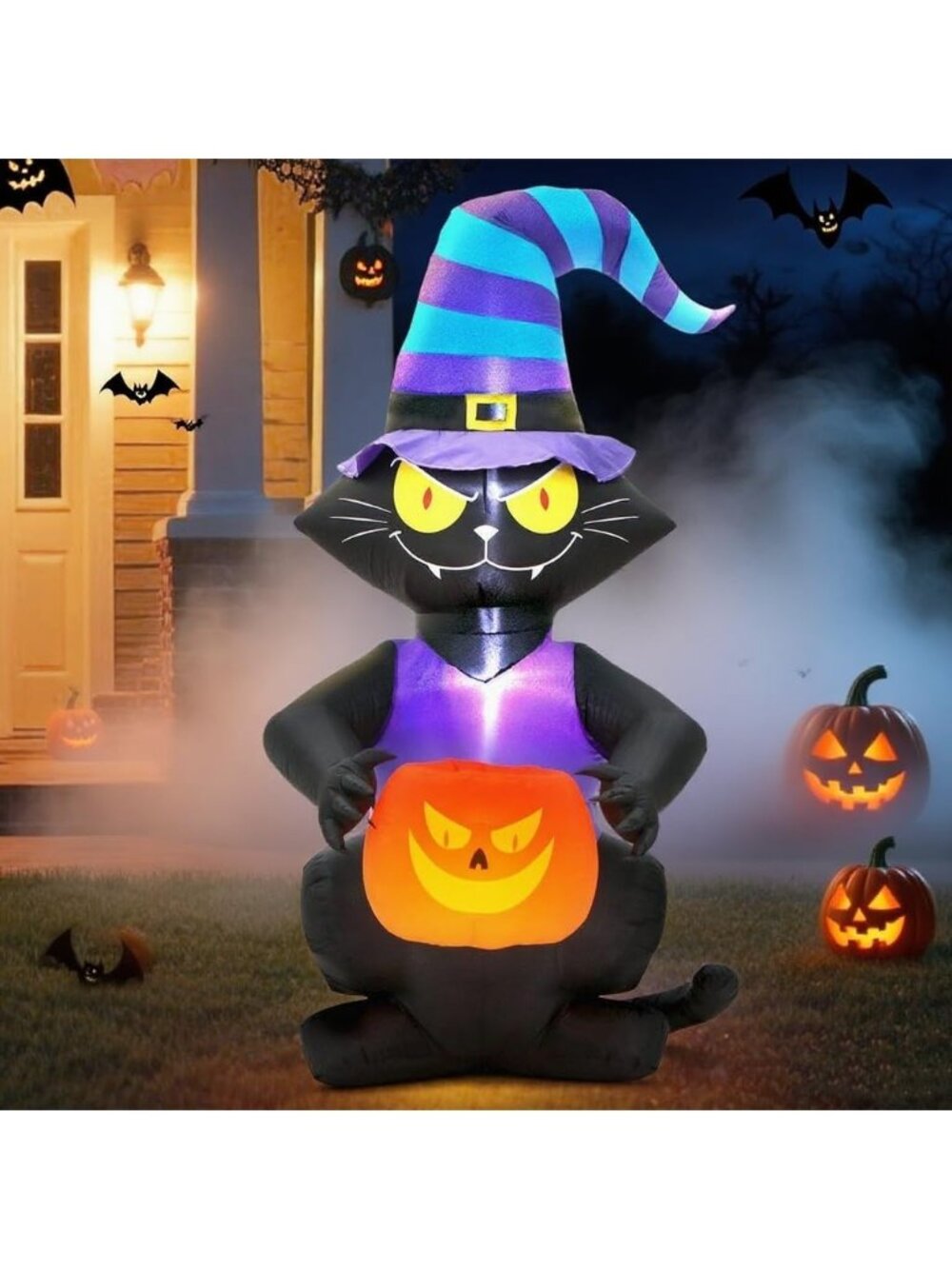 🎃 6FT Halloween Inflatable Black Cat Lighted Yard Decoration with Witch Hat
